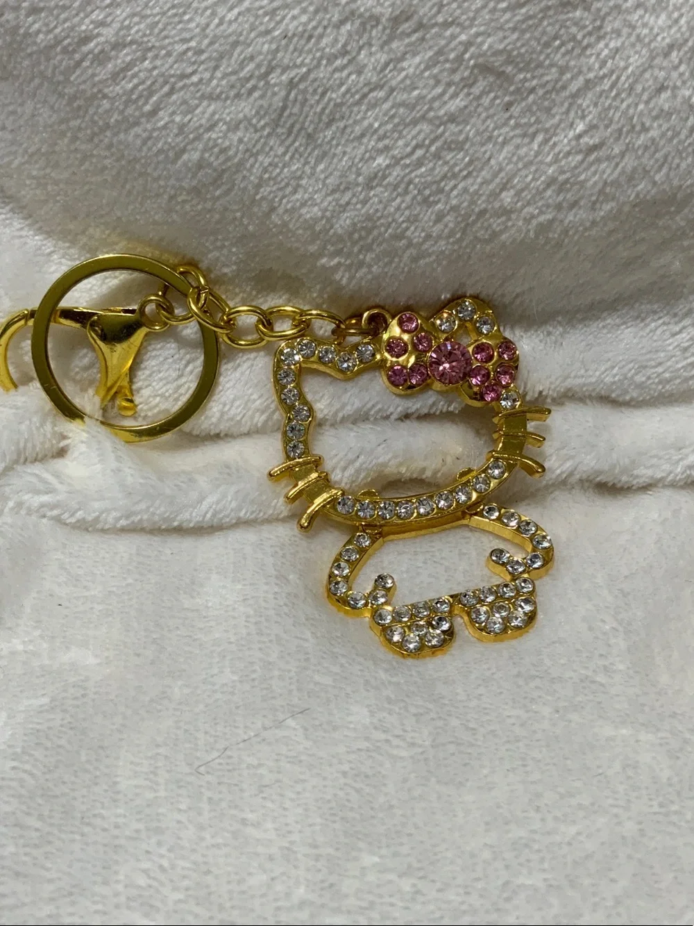Gold-Tone Crystal Hello Kitty Keychain with Pink Bow